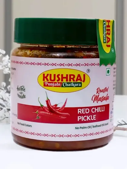 My spicy Red Chilli Pickle in its 200g jar. Made with vibrant red chillies and roasted masala, it adds a fiery kick to any meal.