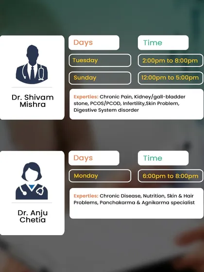 Meet our experts at the Andheri branch. Dr. Shivam Mishra specializes in chronic pain and digestive disorders, while Dr. Anju Chetia is an expert in skin, hair, and Panchakarma.