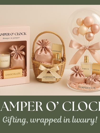 Gifting, wrapped in luxury. This promotional image showcases our elegant and charming hamper styles, from window boxes to baskets and balloon arrangements, all designed to pamper your loved ones.