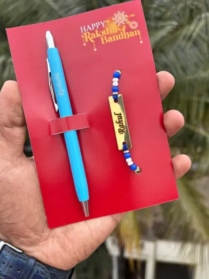 The turbo pen and rakhi combo shown in a cool sky blue color.