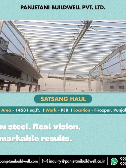 From raw steel comes real vision and remarkable results. This angle highlights the clean lines and precise engineering of the roof structure for the Satsang Haul in Punjab.
