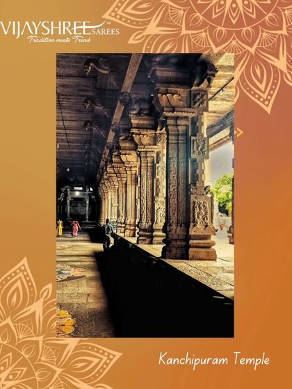 The magnificent pillars of a Kanchipuram temple. The architecture and motifs of these ancient temples have inspired Kanjivaram weavers for generations.