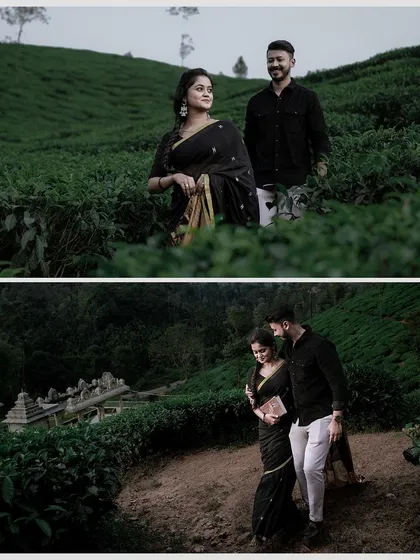 Another view from the tea garden shoot, showing the couple walking along the path. This captures a sense of journey and togetherness.