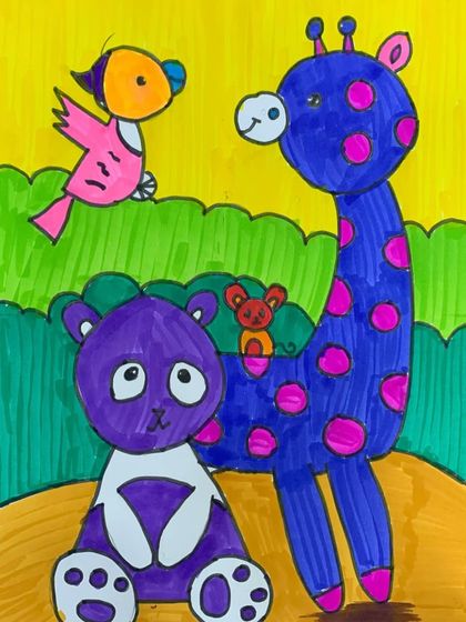 This drawing teaches important concepts like overlapping, placement, and proportion in a fun and accessible way with a group of colorful animal friends.