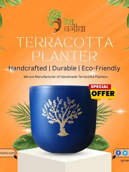 My handmade terracotta planters, like this vibrant blue one, are both durable and eco-friendly. They are perfect for adding a pop of color and are available for both individual purchase and bulk corporate gifting orders.