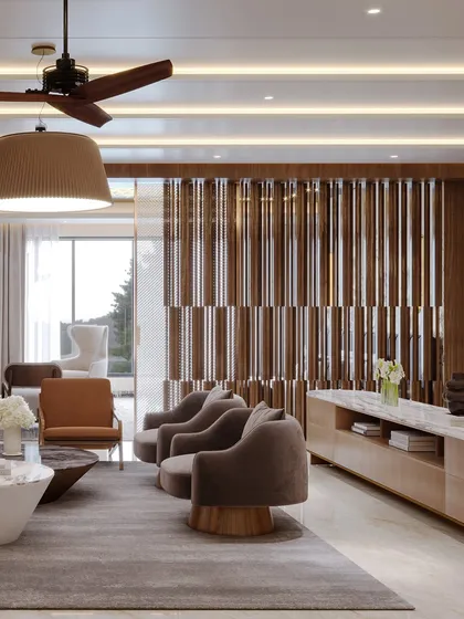 This angle showcases the wooden slat partition and the variety of seating options in the lounge.