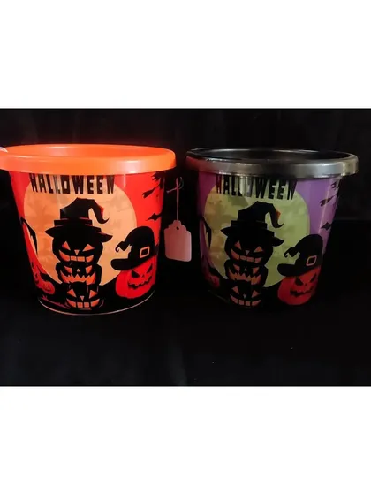 Halloween-themed buckets with lids, featuring spooky pumpkin and cat designs. These are great for party favors or holding treats.