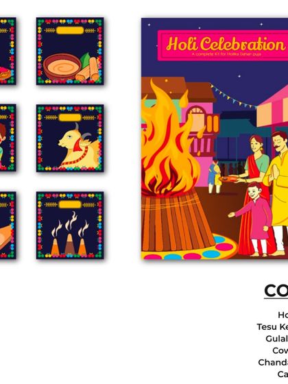 A traditional Holi Pujan hamper. This set includes all the essentials for the Holika Dahan ritual, such as a thali, tesu ke phool, gulal, cow dung, chandan tika, and camphor.