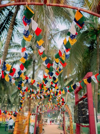 The entrance to the wedding was adorned with colorful Tibetan prayer flags, creating a path of blessings for the couple and their guests.