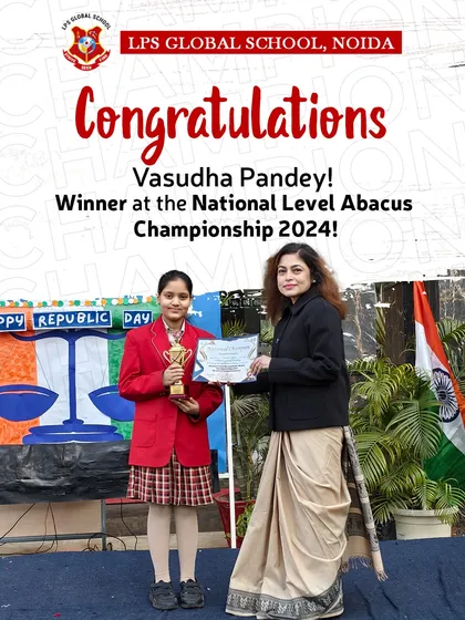 We celebrate Vasudha Pandey of Grade 6 for winning the Champion Trophy at the National Level Abacus Championship 2024. Her achievement was recognized by Ms. Kiran Bedi at IIT Delhi.