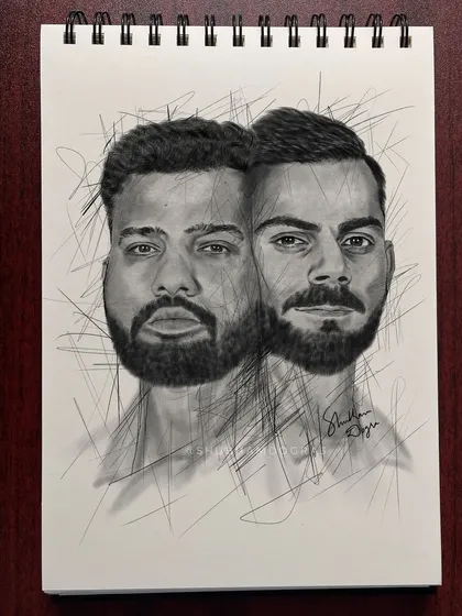 A creative composite sketch of Rohit Sharma and Virat Kohli, the iconic "Ro-Ko" duo. This artwork celebrates their partnership and leadership in Indian cricket.