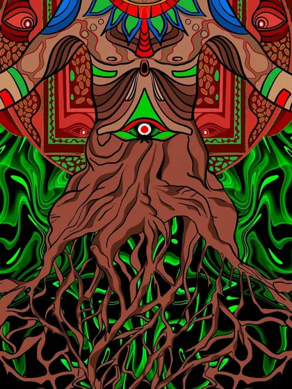 This is the lower section of the 'Root Chakra Healing' illustration, emphasizing the connection to the earth. The figure's body transforms into tree roots, grounding the spiritual energy depicted in the artwork.