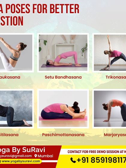 This infographic displays six yoga poses for better digestion, such as Naukasana (Boat Pose) and Trikonasana (Triangle Pose), to improve gut health.