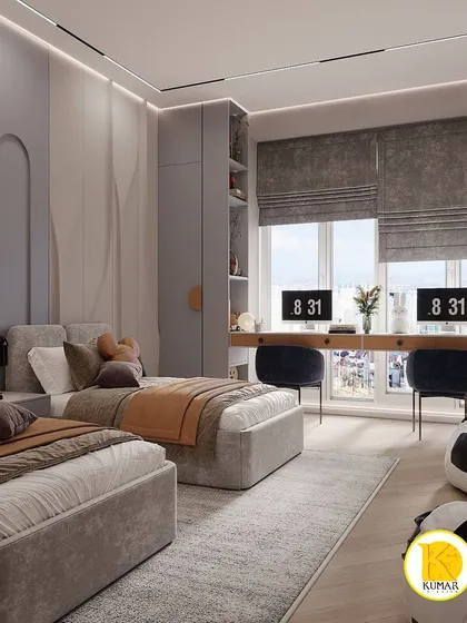 This version of the room features a beautiful wavy wall panel behind the beds, adding a soft and artistic touch.