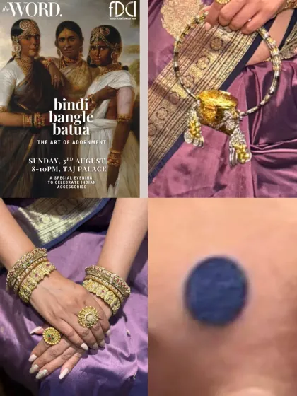 A collage from 'The Art of Adornment' event, focusing on the key elements: a statement necklace, stacked gold bangles, and a traditional bindi.