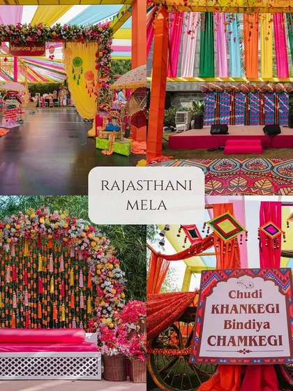A collage showcasing a "Rajasthani Mela" theme, full of bright colors, traditional prints, puppets, and floral arches.