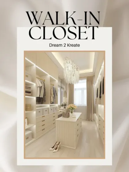 A graphic title card introducing one of my bright and airy walk-in closet designs.