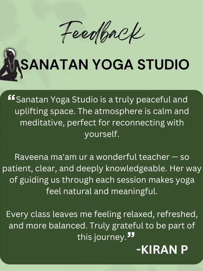A student's feedback describing the studio as a peaceful and uplifting space. She highlights my patient and knowledgeable guidance that makes yoga feel natural and meaningful.