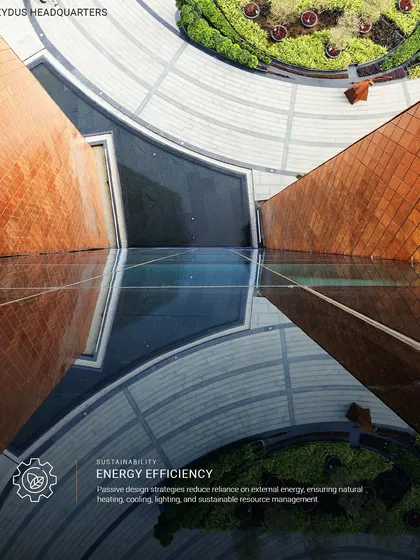 This image of the Zydus Headquarters highlights our focus on energy efficiency. The reflective water surface not only adds to the aesthetic but is part of a passive design strategy that reduces reliance on external energy for cooling.