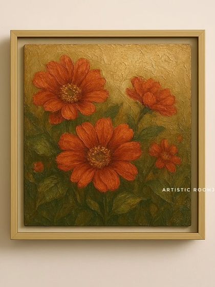 This painting of red-orange flowers uses texture to make the petals and leaves feel tangible. The warm, earthy tones make it a cozy addition to any room.