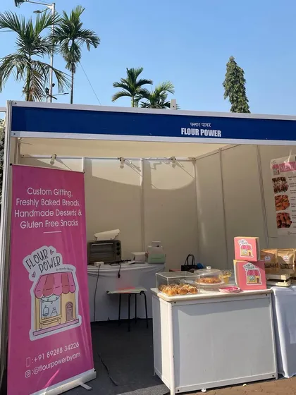Our stall is all set up and ready for customers at an outdoor festival.