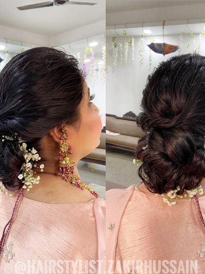 A dual-angle view of the soft, romantic low bun with baby's breath, perfect for a party or engagement.