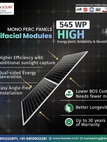 This infographic details the benefits of our 545 WP Mono PERC Bifacial Modules. With dual-sided energy generation, higher efficiency, and easy installation, these panels lower overall system costs and offer better longevity with up to a 30-year warranty.