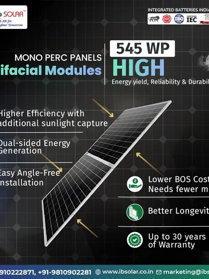 A detailed look at the benefits of our 545 WP Mono PERC Bifacial Modules. With dual-sided energy generation and higher efficiency, these panels offer better longevity and lower overall system costs, backed by a warranty of up to 30 years.