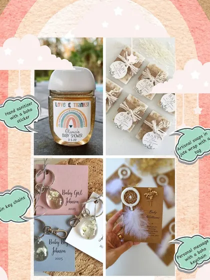 More boho baby shower ideas, including resin keychains and artisanal soaps with custom tags.