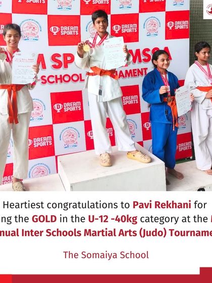 Pavi Rekhani stands atop the podium after winning gold in the U-12 category at the MSSA Annual Inter Schools Martial Arts Judo Tournament.