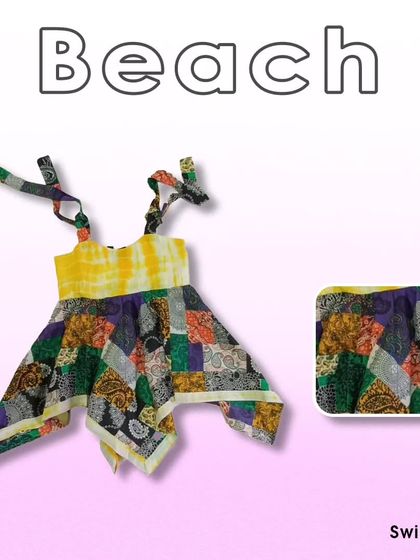 This graphic shows a patchwork-style beach dress, perfect for a sunny day by the sea. It's a unique piece that combines different patterns for a fun, bohemian look.