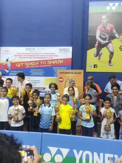 A proud group of young champions holding their trophies at the Wellingdon Catholic Gymkhana Mumbai Suburban District tournament.