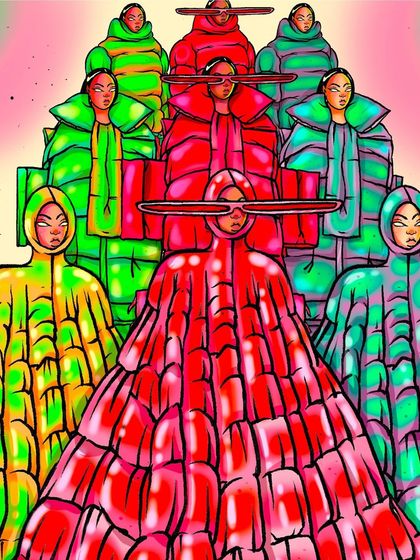 An animated GIF of my 'Puffer Army' illustration, created for a lifestyle editorial assignment. The figures transition from swimsuits to oversized puffer coats.