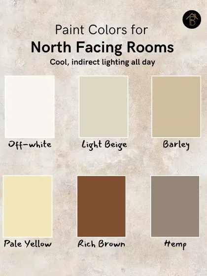 North-facing rooms receive cool, indirect light all day, so I suggest using warmer colors to create a cozy and inviting feel. Shades like Off-white, Light Beige, and Pale Yellow can brighten the space and add a sense of warmth.