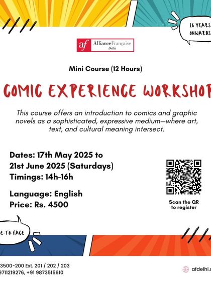 The poster for our Comic Experience Workshop, a 6-week course for ages 16 and up. We offer structured mini-courses that allow for a deep dive into specific creative fields.