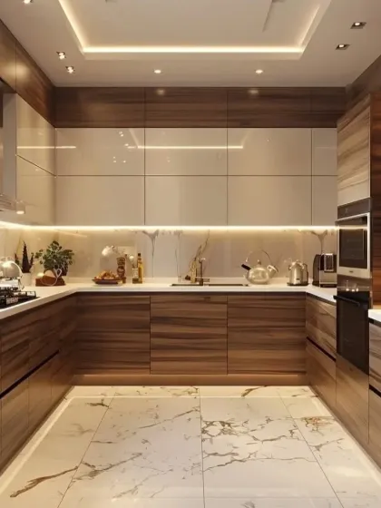 We used a combination of rich, textured wood grain on the handleless cabinets and a striking marble-patterned floor to create a warm and luxurious U-shaped kitchen. The layout maximizes counter space while integrated lighting highlights the quality materials.