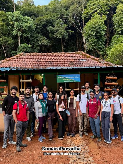 Our first batch of the season at the Beedahalli base camp, ready and excited to start the Kumara Parvatha trek. This is where the adventure begins.