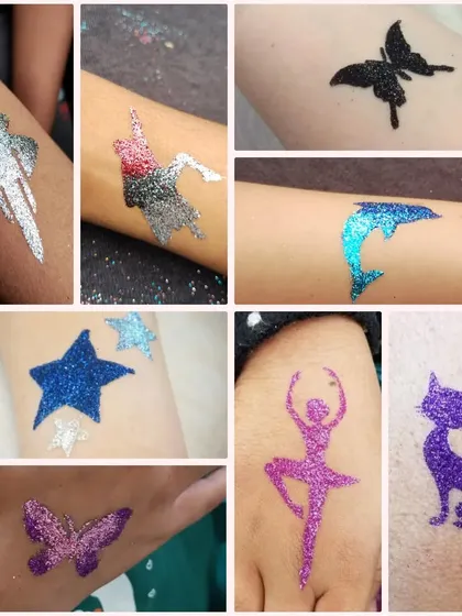 A collage of recent work from a fun birthday party. It features a variety of designs including a ghost, unicorn, dolphin, stars, ballerina, and cat.