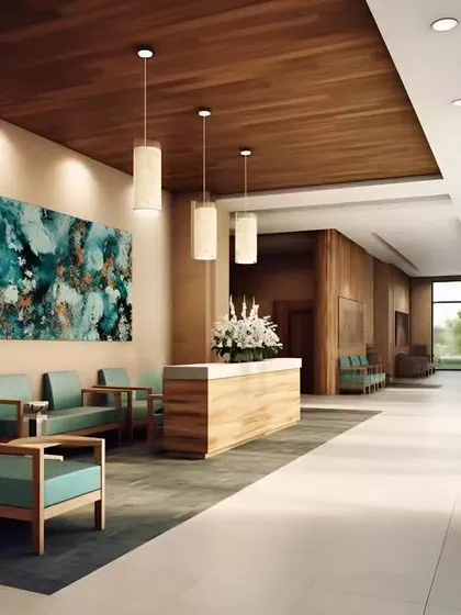 This reception area was designed to be warm and welcoming, using natural wood tones for the desk and ceiling, complemented by soft, comfortable seating. The large abstract artwork adds a point of interest, making a professional and lasting first impression.