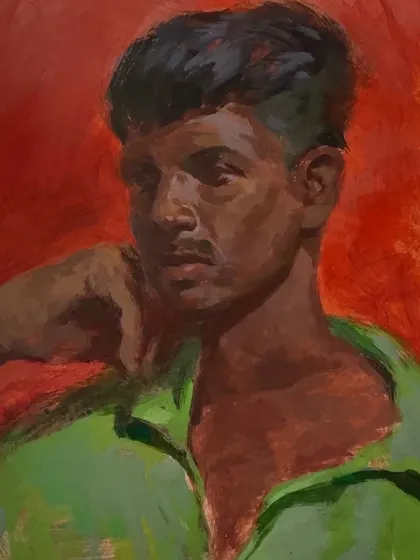 Another acrylic colour sketch with a strong red background, creating a dynamic and energetic portrait.