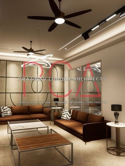 A 3D render of a living room in Vasant Kunj, designed with contrasting wall panels and multiple seating arrangements to create a sophisticated and comfortable social space.