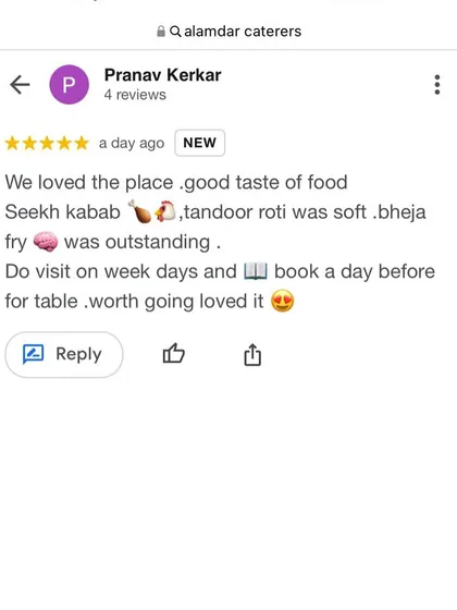 A 5 star review praising our seekh kebab, soft tandoor roti, and outstanding bheja fry. Thank you for the recommendation.