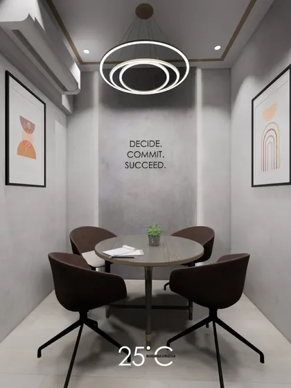 This 3D render shows a concept for a small, private meeting huddle. The design utilizes a compact footprint efficiently, with comfortable seating, a central table, and minimalist artwork to create a focused space for collaboration.
