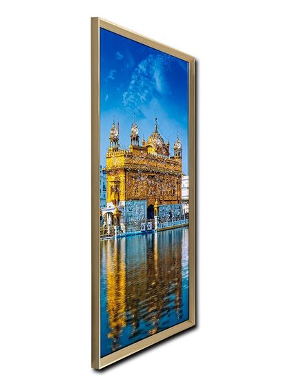 This angled view of the Golden Temple painting showcases its sleek gold aluminum frame and the way the crystal embellishments catch the light, adding depth to the serene image.