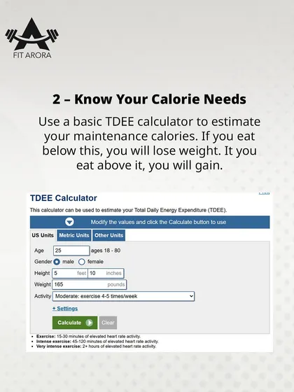 Step 2: Know your calorie needs. I explain how to use a basic TDEE calculator to estimate your maintenance calories, which is the foundation for creating a fat loss or muscle gain plan.