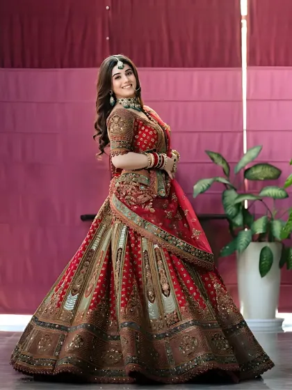 A full-length shot of the GRACE cover bride. Her makeup is soft and refined, allowing her natural beauty and stunning lehenga to shine.