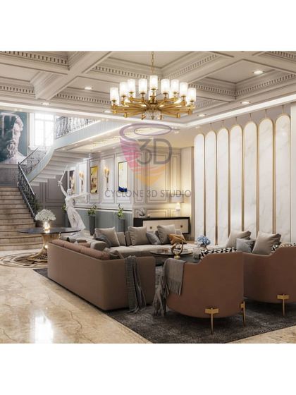 A neoclassical living room with grand proportions, featuring a coffered ceiling and elegant wall moldings. Our render conveys a sense of timeless luxury and formal design.