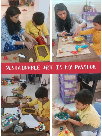 Sustainable art is my passion. Here, you can see me helping a young artist create a beautiful frame using upcycled materials during our Janmashtami workshop.