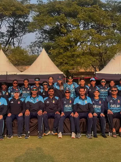 The full Delhi U-19 Women's team and staff. After five matches and five wins, we're heading to the quarterfinals.