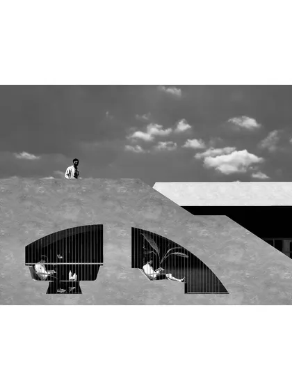 This design iteration for "Siolim Terraces" in Goa explores how to create private, shaded outdoor spaces within a housing cluster. The arched openings and deep-set seating areas are modern interpretations of traditional Goan architectural elements.